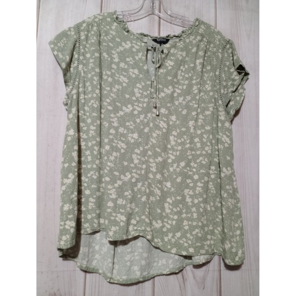 Buffalo‎ David Bitton Sage Green Floral Lace Trim Tie Neck Blouse XL